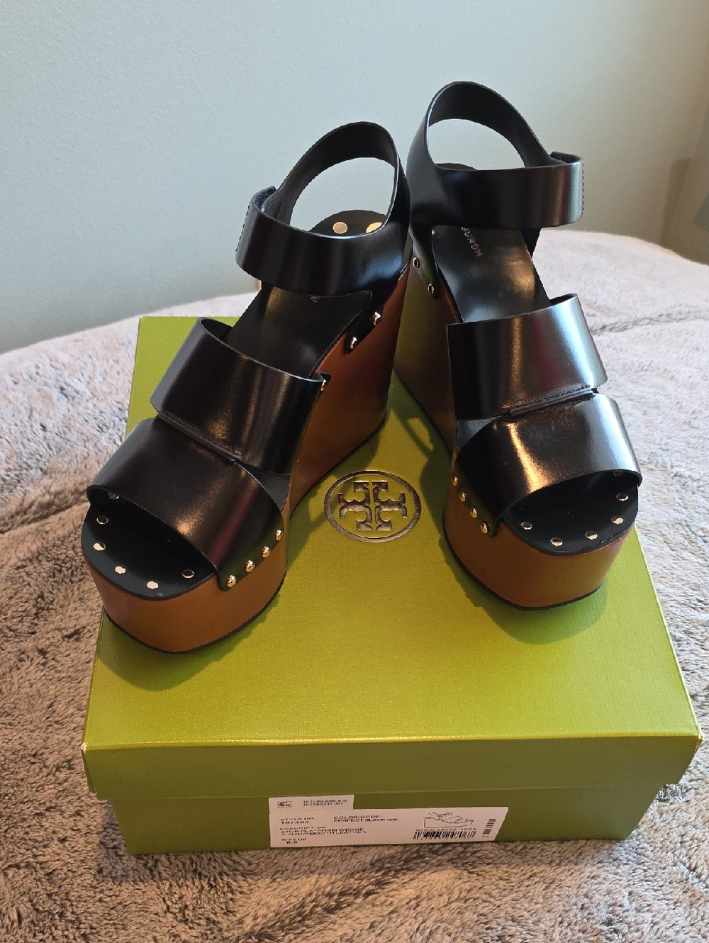 Tory Burch Black Leather Studded Platform Wedge Sandals Size 8.5